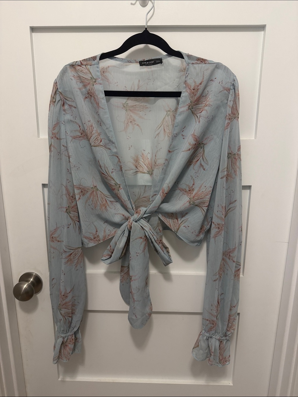 SHEIN Light Blue Floral Tie-Front Blouse